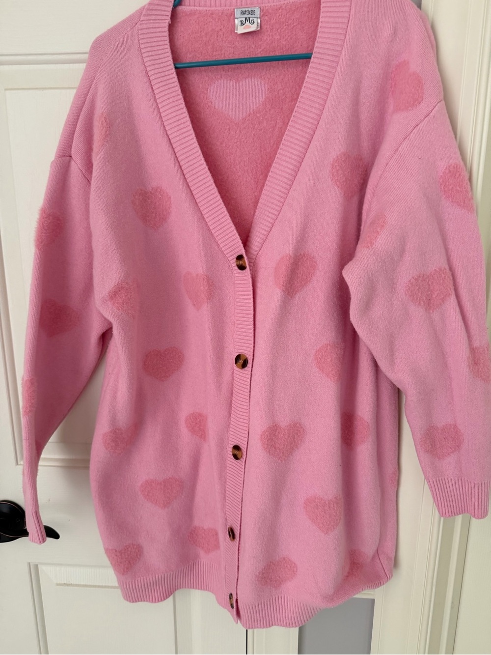 Women's Pink Heart-Print Button Cardigan Sweater